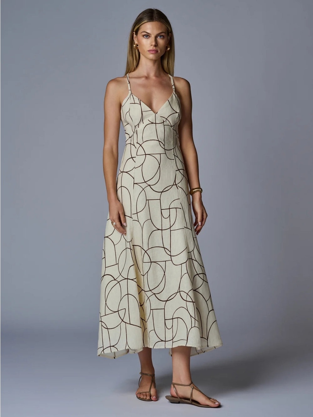 Hevron‎ Cream & Brown Geometric Print Cutout Halter  Wyeth Maxi Dress Sz. 12 NWT